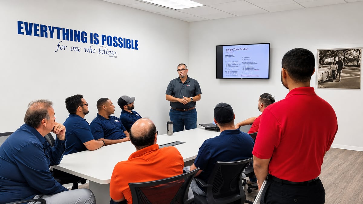Jireh Cooler technicians and staff in a team training and alignment meeting