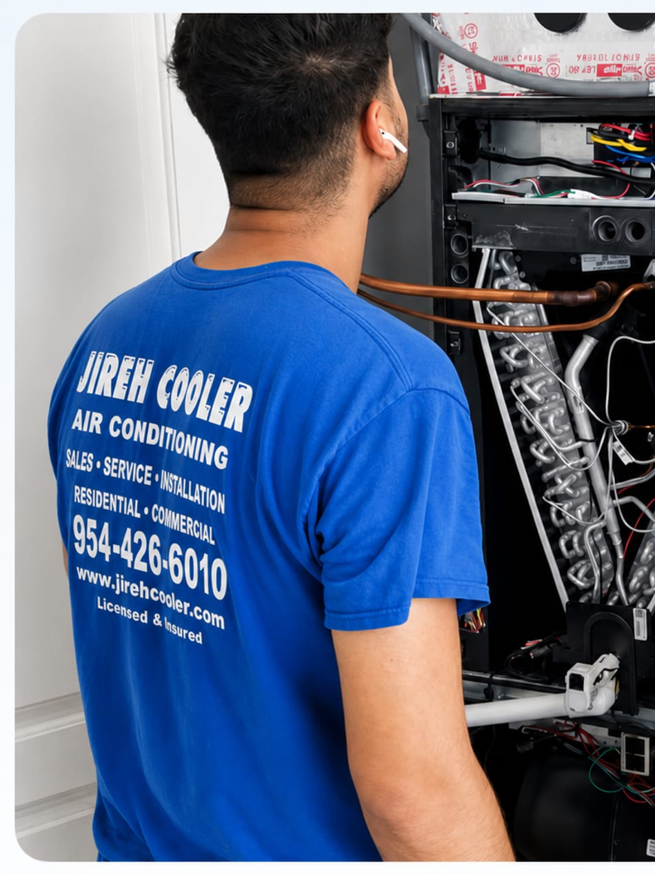 Jireh Cooler technician inspecting an indoor air handler unit