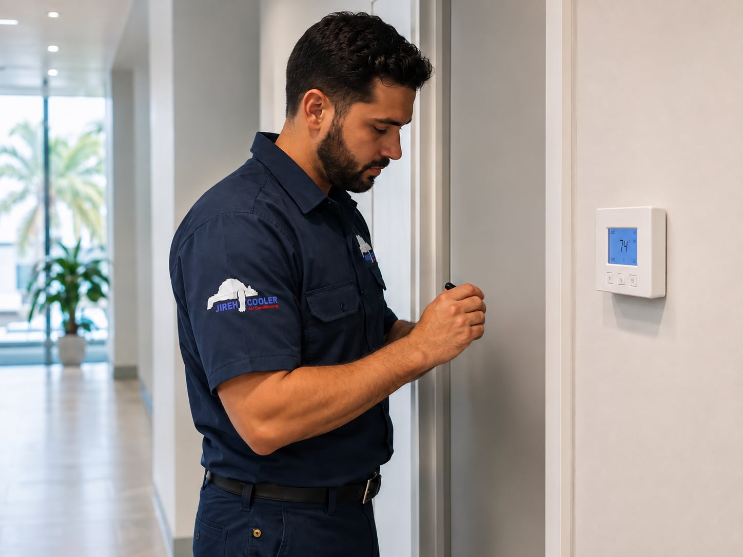 Jireh Cooler technician adjusting a commercial building's thermostat