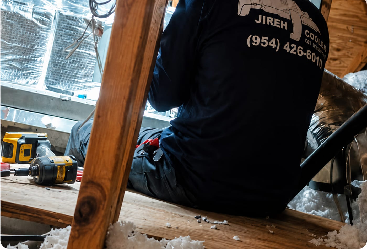 Jireh Cooler technician performing emergency HVAC service in a home's attic