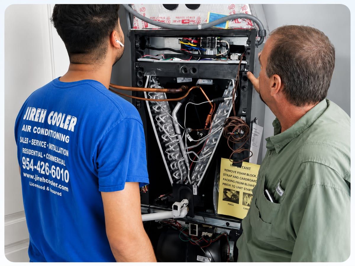 Jireh Cooler technicians inspecting an indoor air handler and evaporator coil for an indoor air quality evaluation