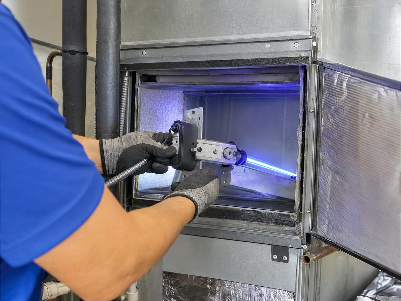 HVAC technician installing an in-duct UV light system inside an air handler