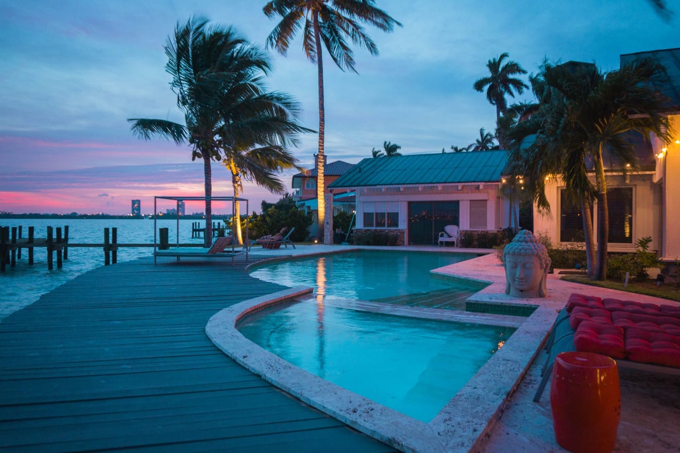South Florida backyard pool at dusk